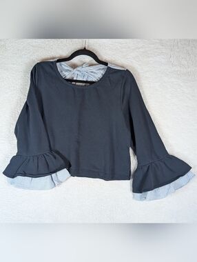 maeve Anthropologie Navy Ruffle-Sleeve Top with Striped Trim Accents